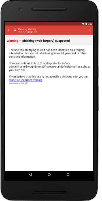 Anti-phishing warning in Gmail on iOS