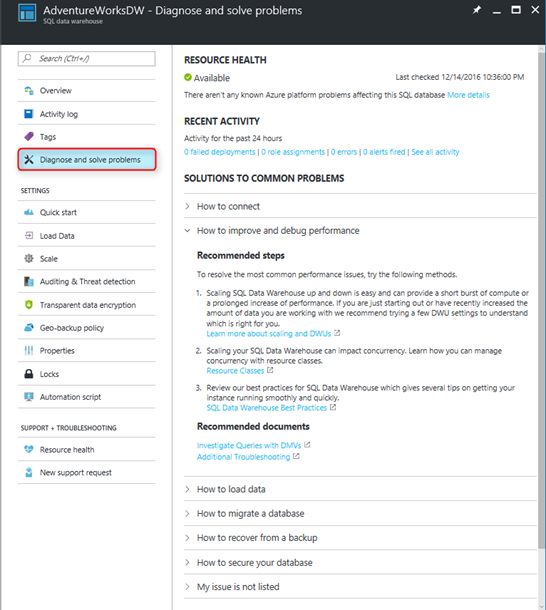 SQL Data Warehouse New Troubleshoot Blade