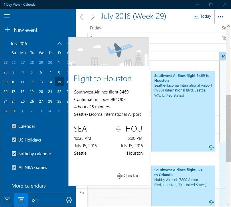 Outlook Calendar travel reservations and package deliveries
