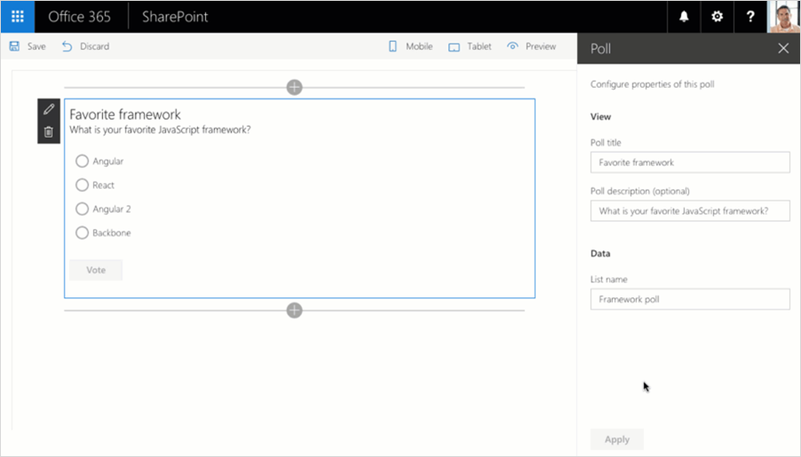 SharePoint Framework React-Multipage (Poll) web part—one of over 30 sample