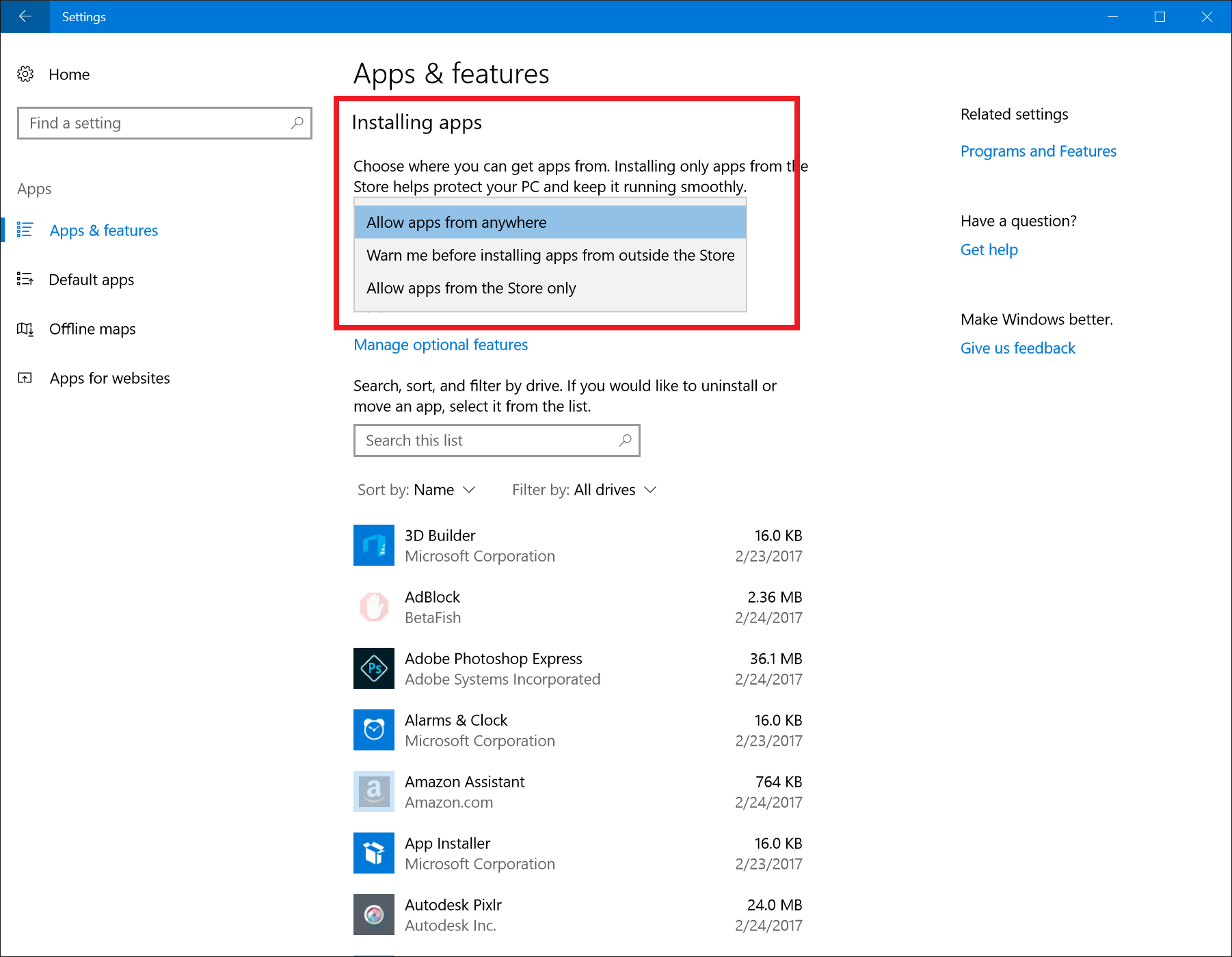 Creators Update Build 15046 Application Install Control