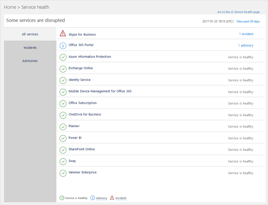 Incidents and Advisories in Office 365 Service Health Dashboard
