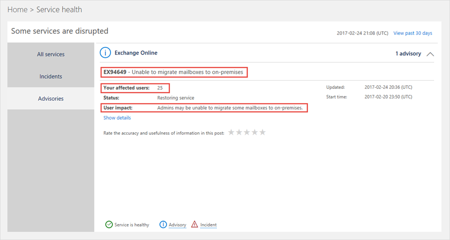 Impacted users in Exchange Online
