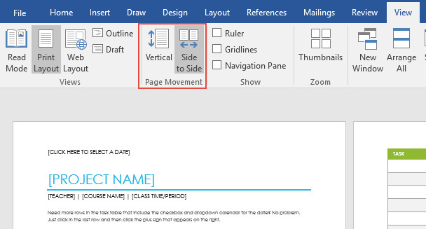 Move pages from side to side n Word