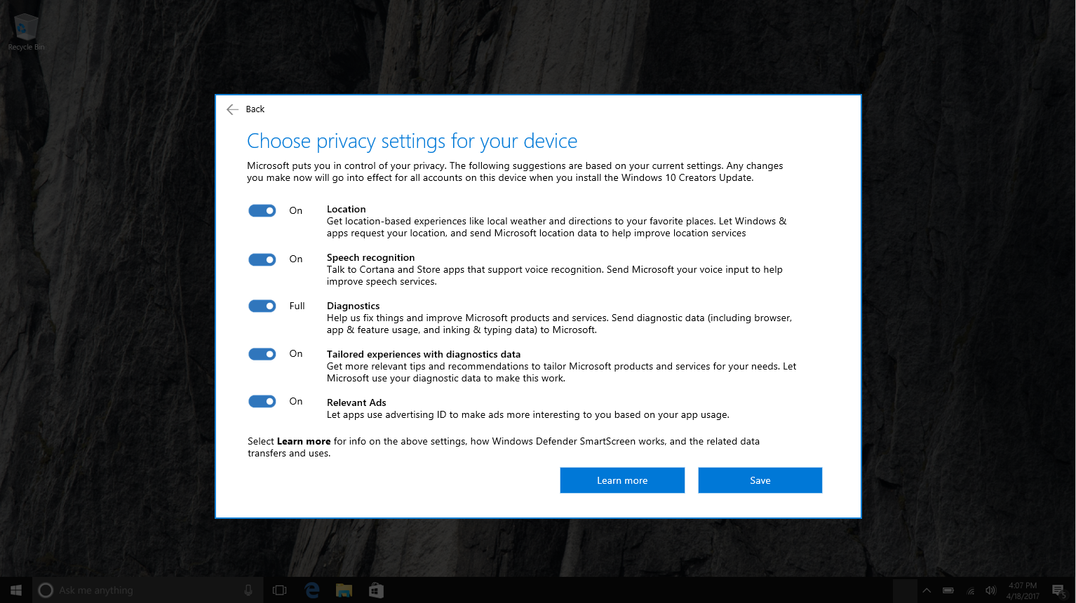Creators Update Privacy Settings Page