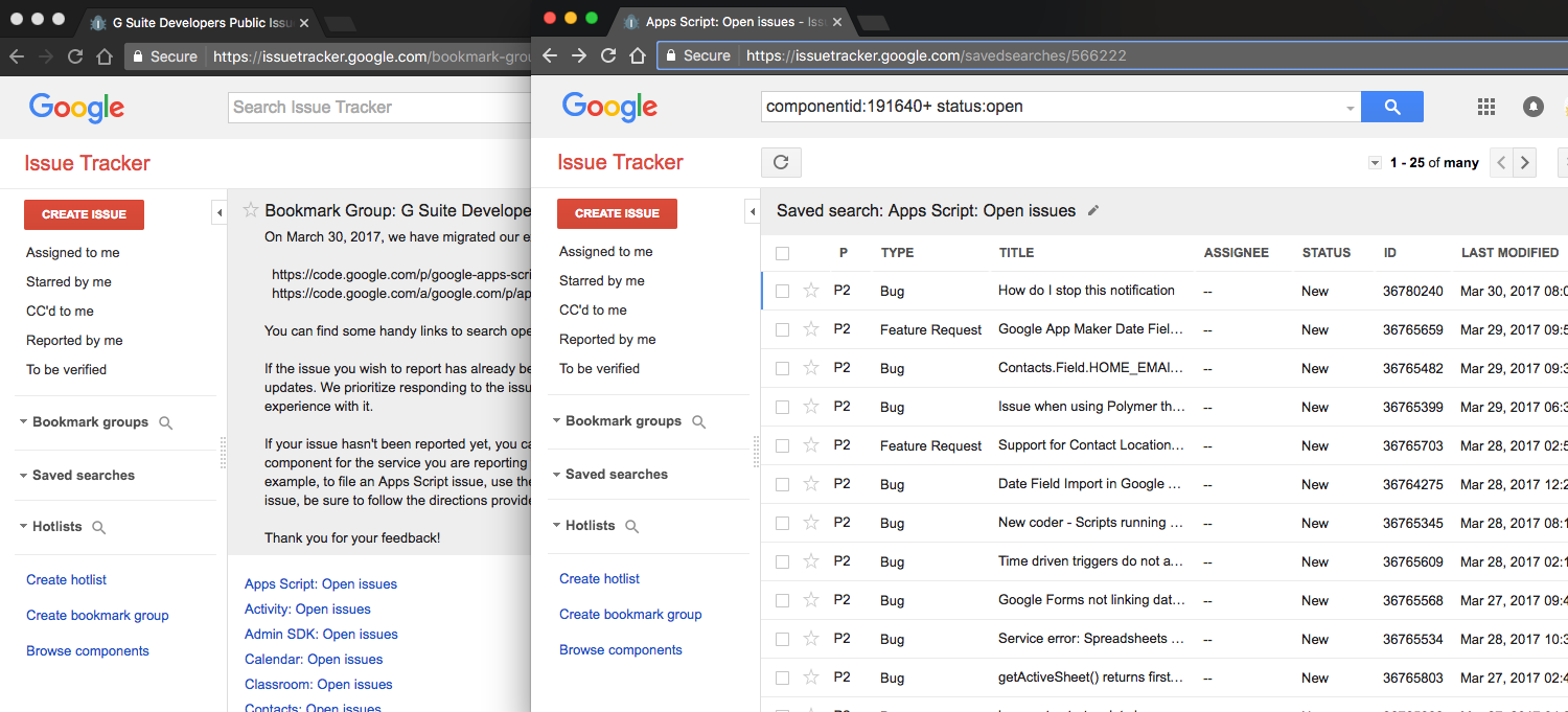 New G Suite Developers Issue Tracker