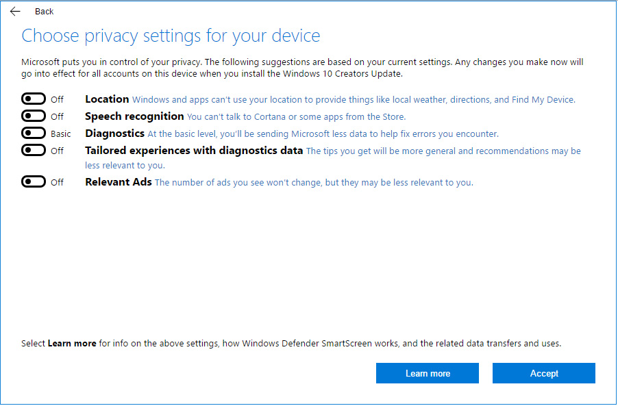 windows 10 creators update new privacy settings - toggle off