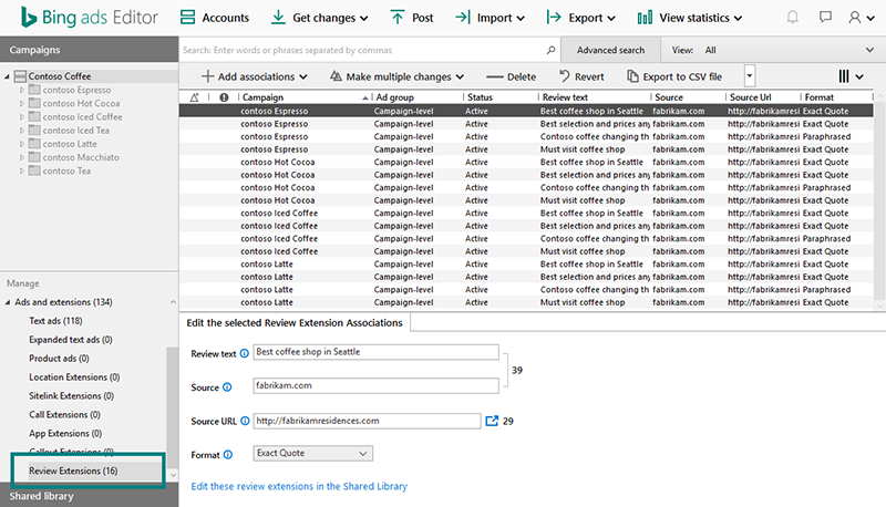 Review Extensions in bulk from Bing Ads Editor