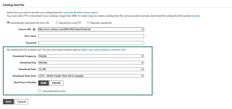 Bing Merchant Center: Scheduled Feed Download
