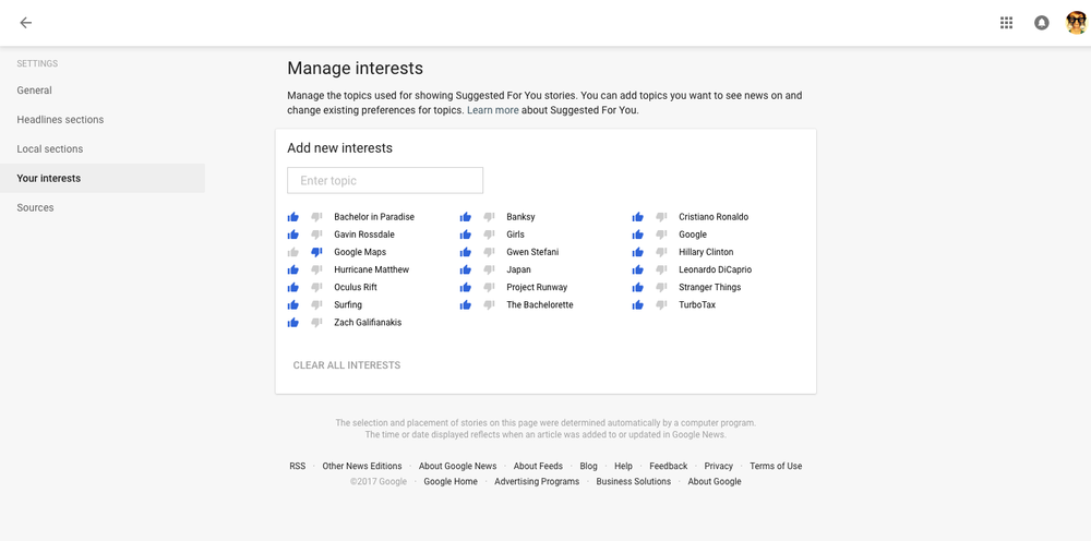Google News User Settings
