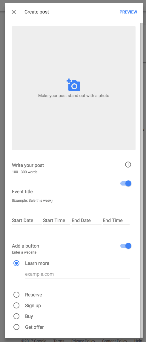 Google Posts add screen