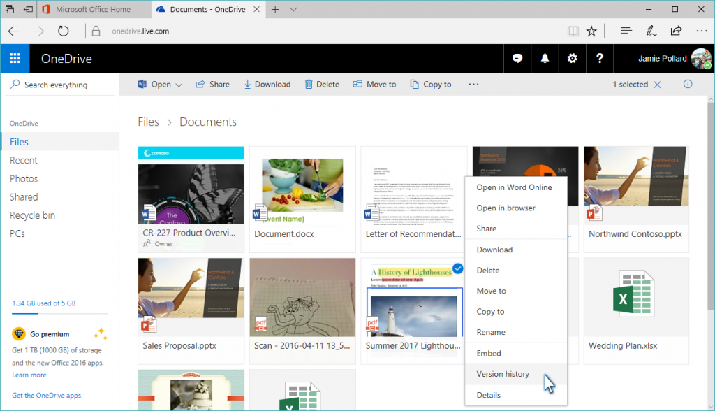 Expand version history on OneDrive