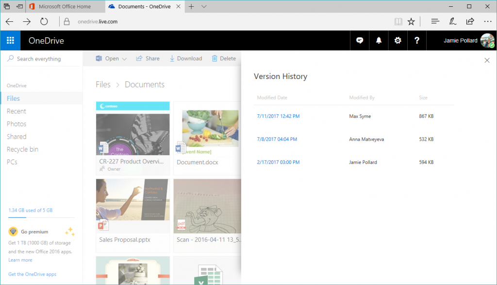 OneDrive Version History Window
