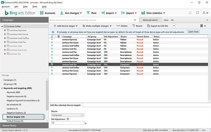 new control to manage device targeting in bing ads editor