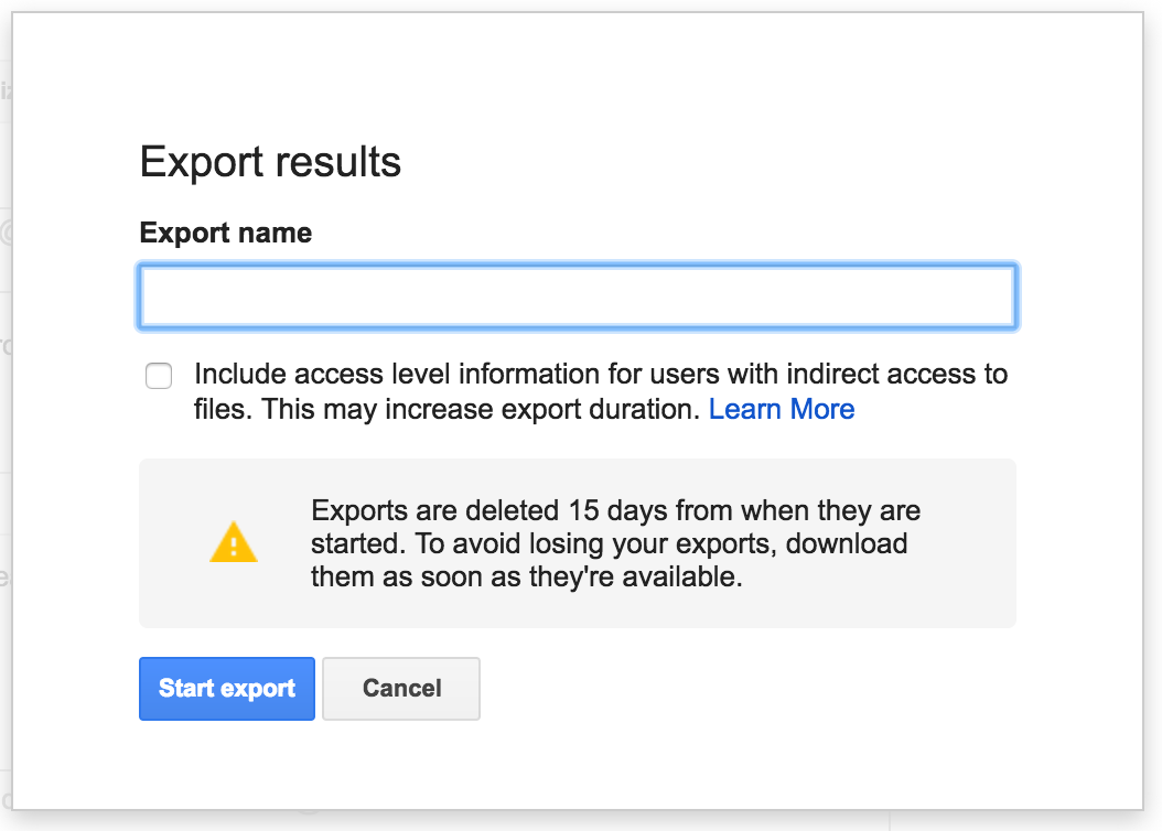 Google Vault export users metadata