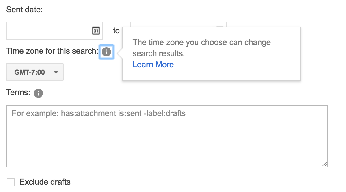 Google Vault seach specific time zone