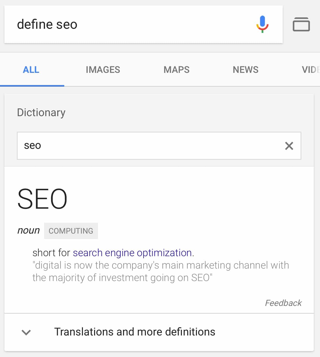 Google search box in disctionary cards