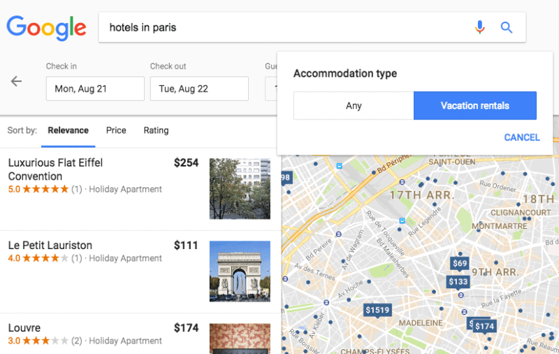 Google Search vacation rental filter