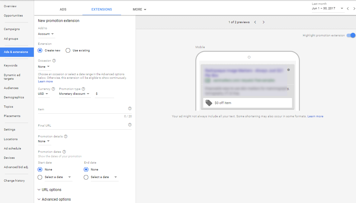 Promotion extensions in new AdWords UI
