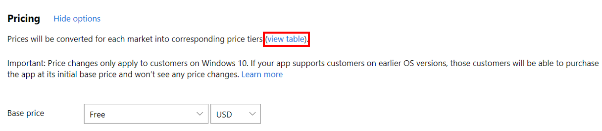 Windows Store view price tiers