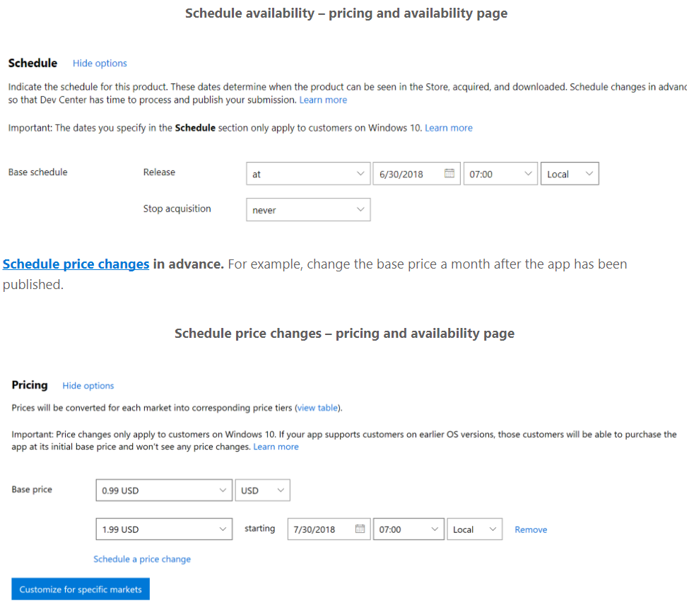 Schedule availbility and price changes, pricing and availability page