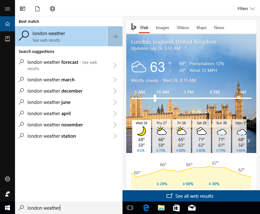 Web search results in Cortana
