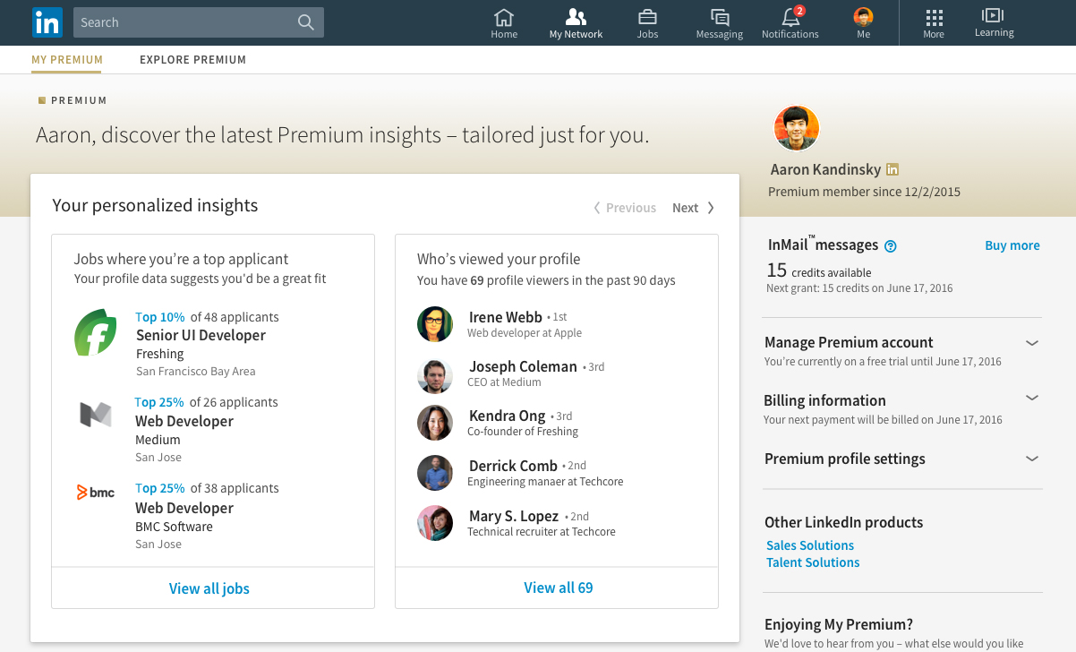 LinkedIn Premium features tab