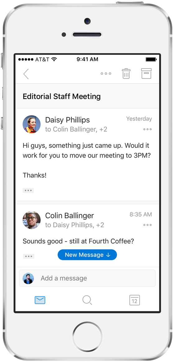 Redesigned conversation view in Outlook for iOS