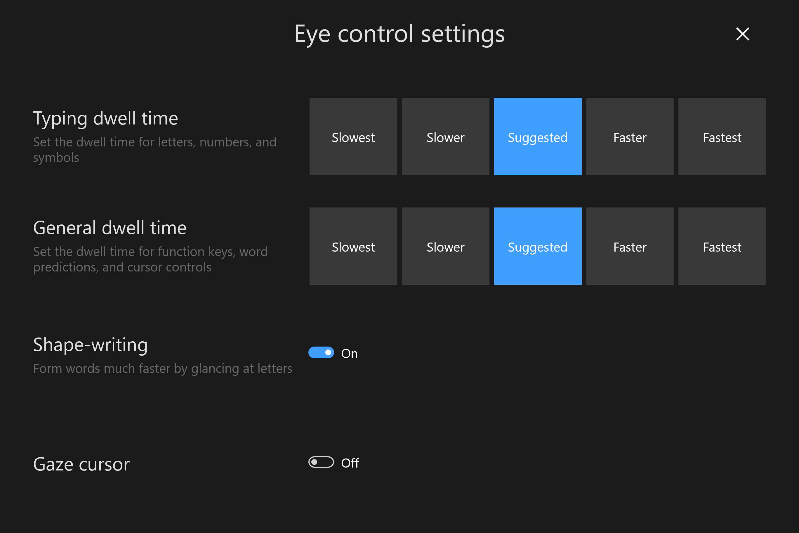 Eye Control settings fn page