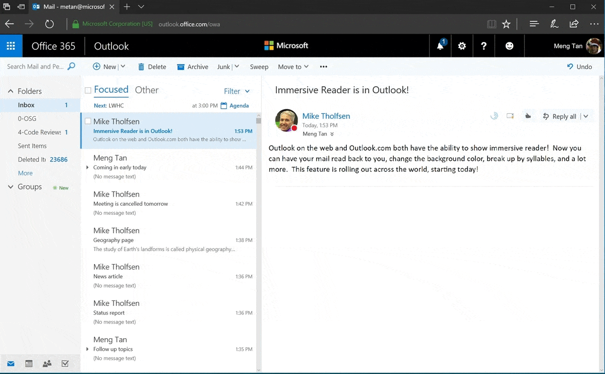 Immersive Reader brings increased accessibility to Outlook on the web