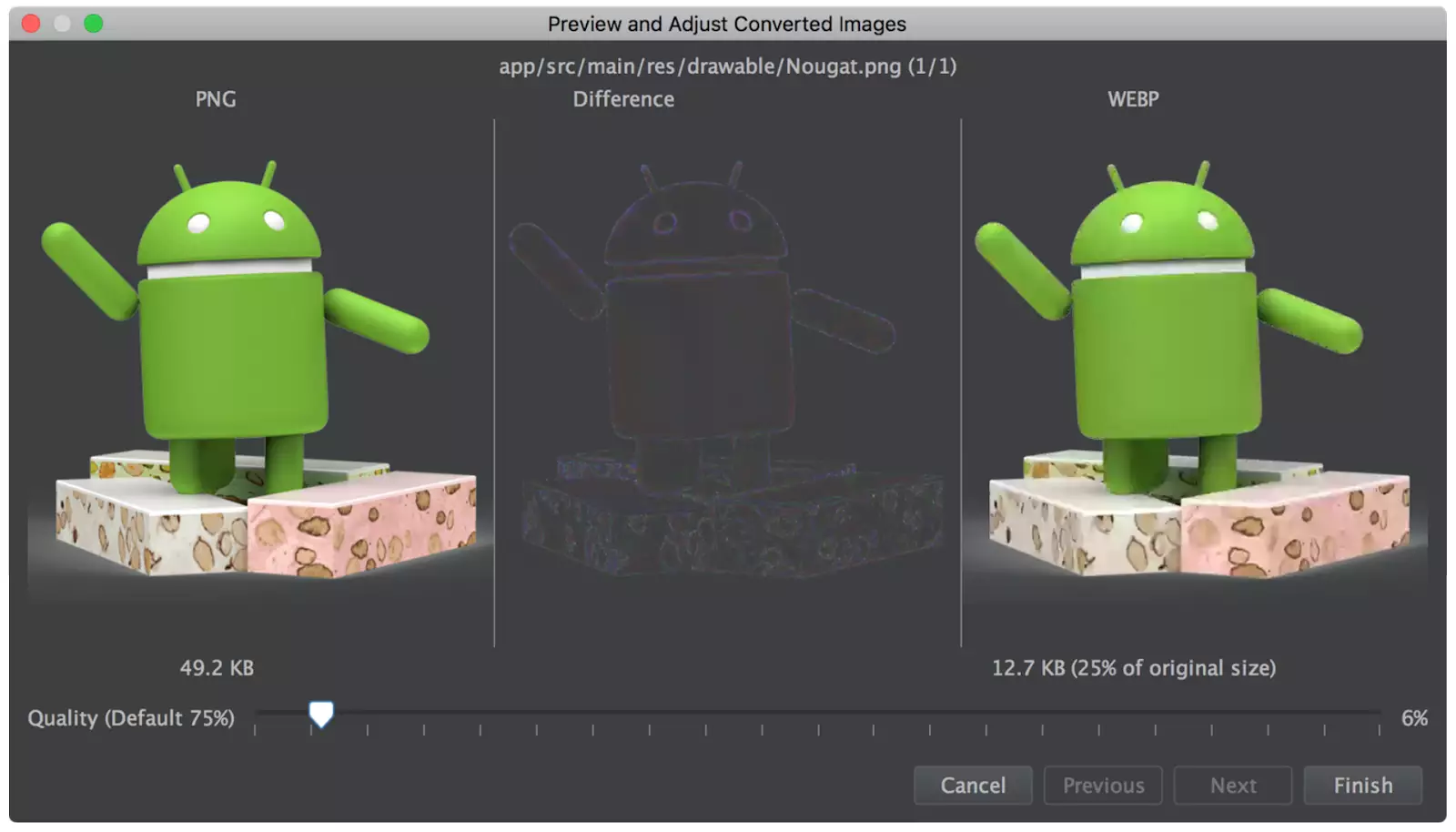 Android Studio 2.3 WebP Image Conversion Wizard