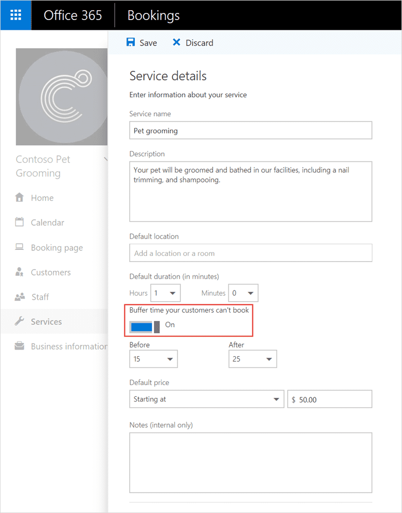 Turn on Buffer time in Microsoft Bookings Services tab