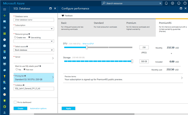 Azure SQL Database enhanced pricing tier portal