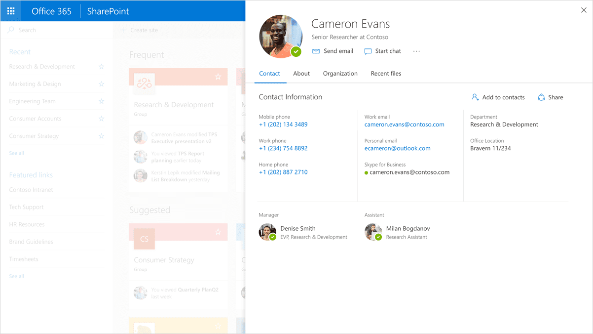 Office 365 Hovering Profile Card