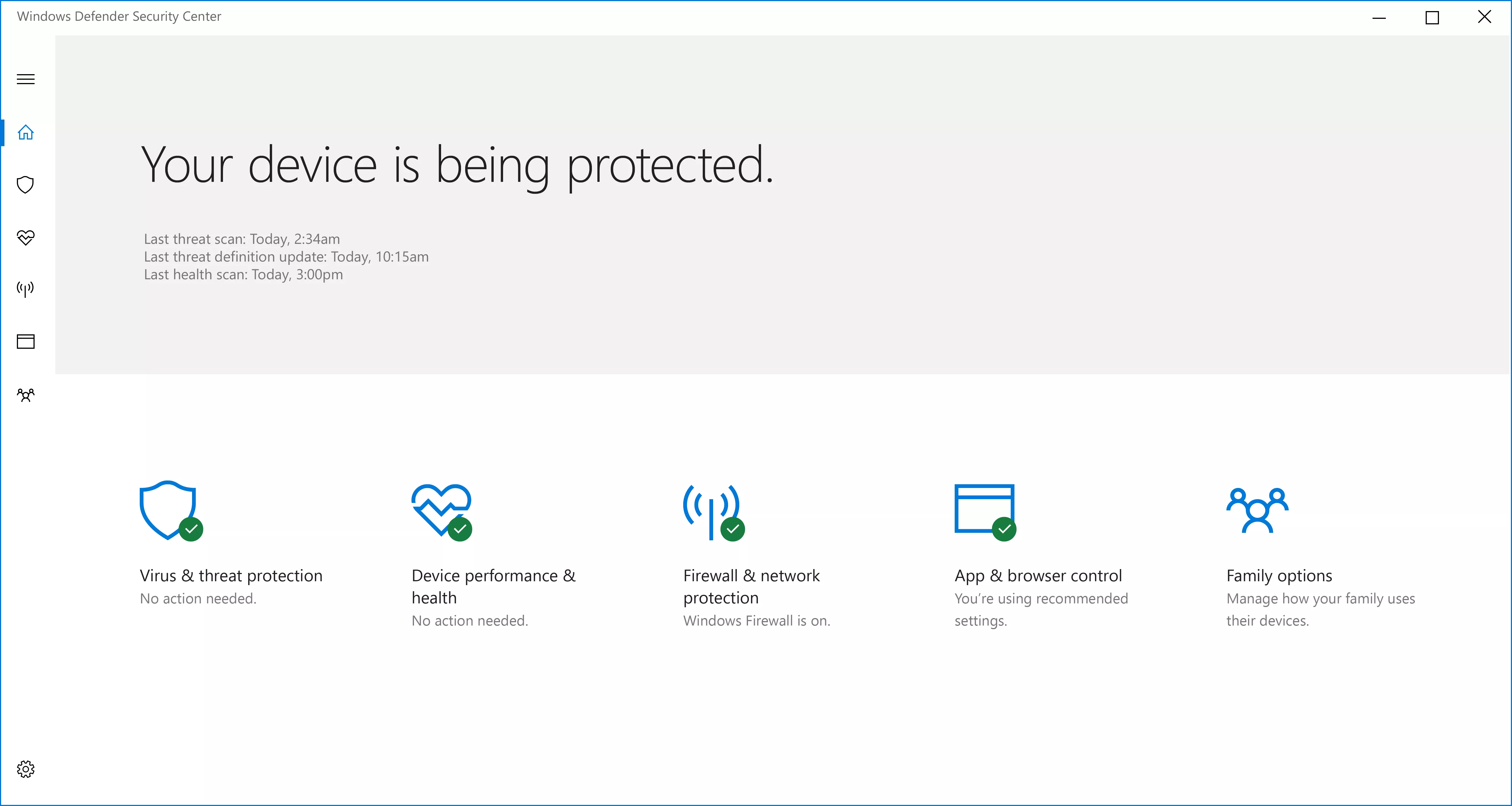Windows Defender Security Center dashboard in Creators Update