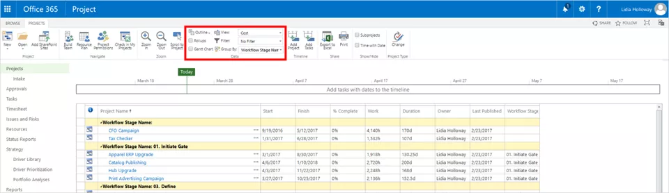 Filter data rollup, Gantt chart groups to find Project Center information faster