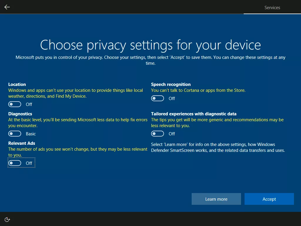 windows 10 creators update privacy setup screen- toggle off