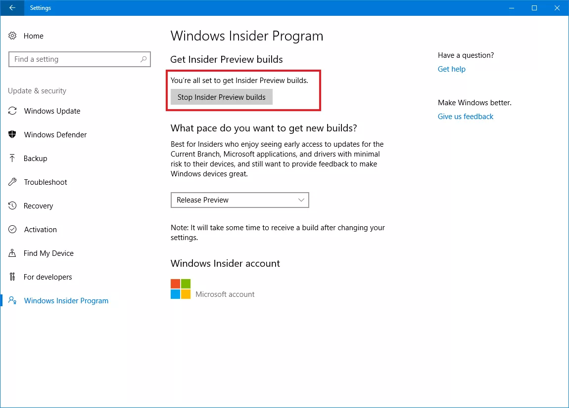 stop windows insider preview builds