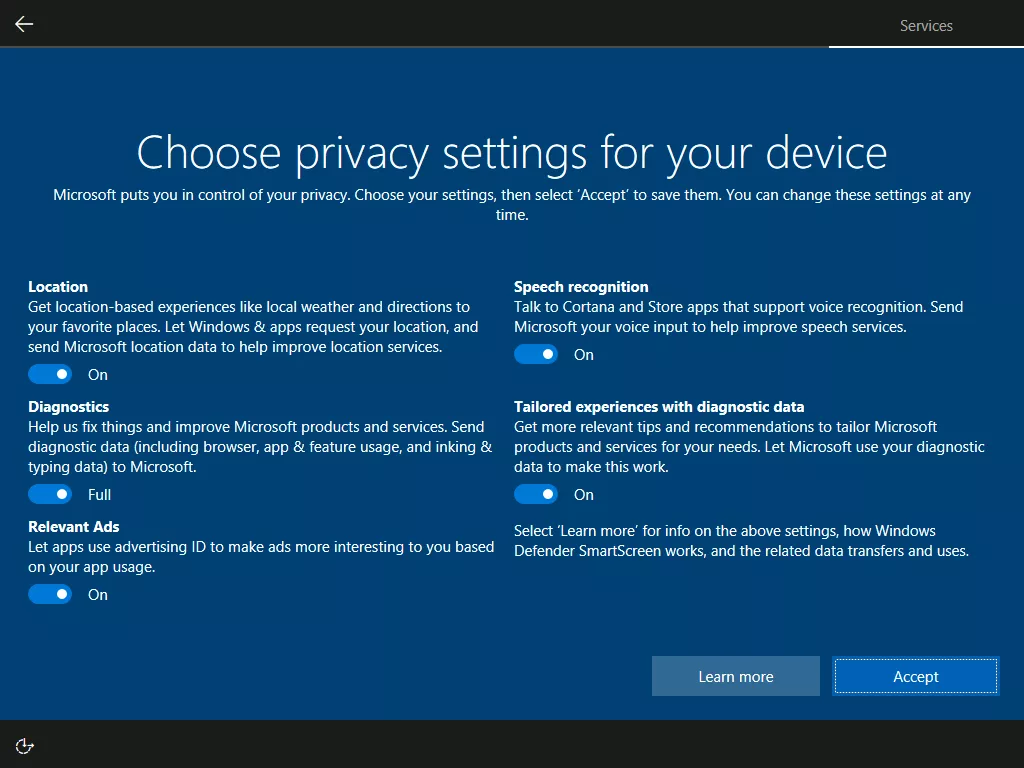 windows 10 creators update privacy setup screen- toggle on