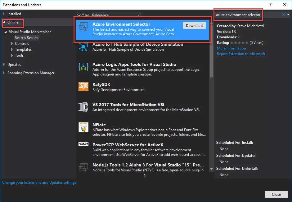 azure environment selector visual studio extension