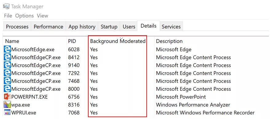 Windows 10 Build 16176 Task Manager: Power throttled processes