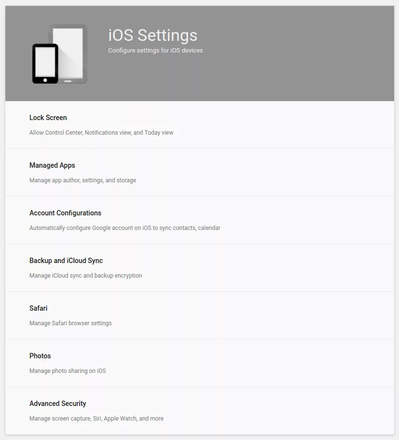G Suite Manage iOS Settings in Google Mobile Management