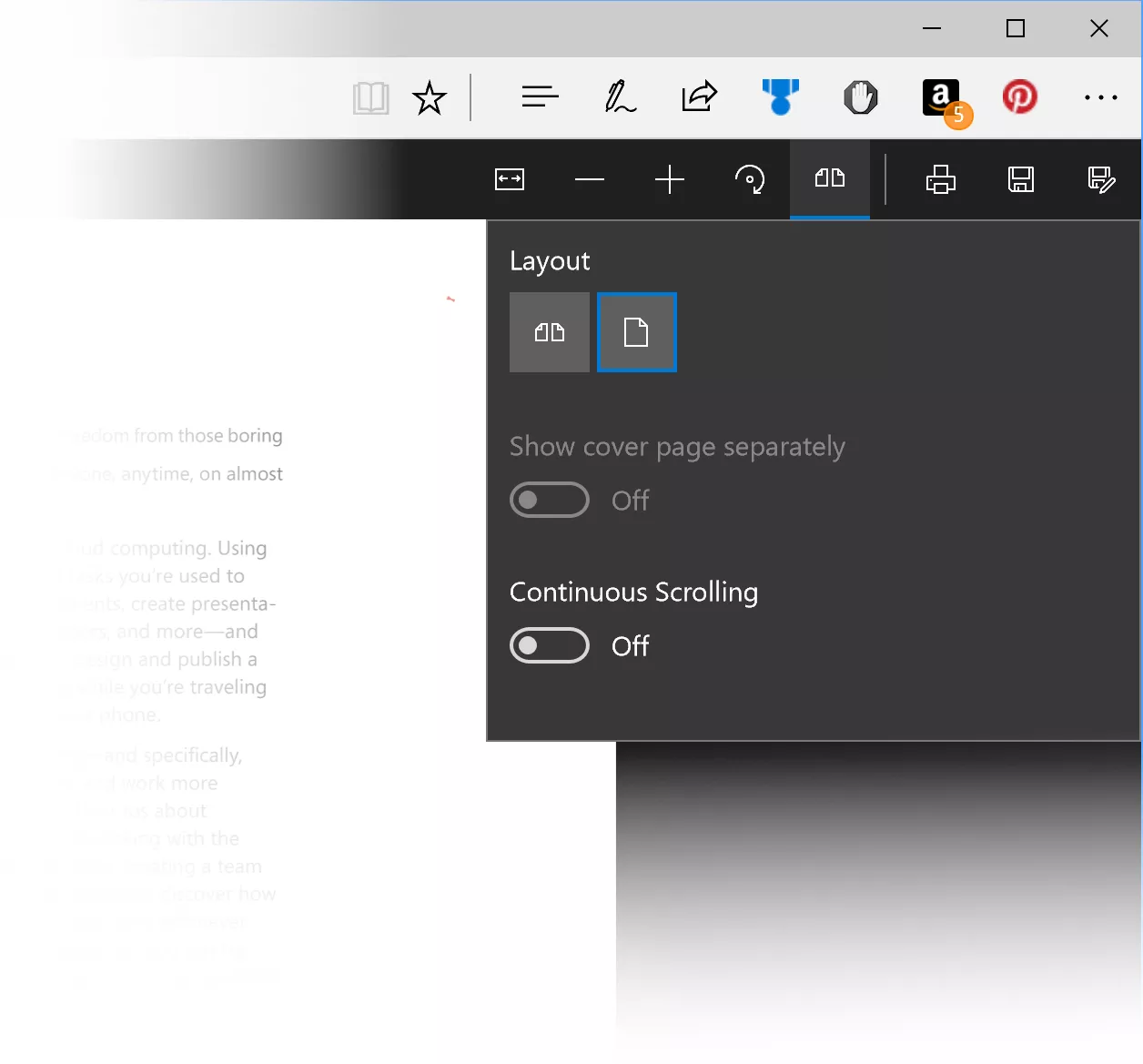 Microsoft Edge PDF Layout flyout