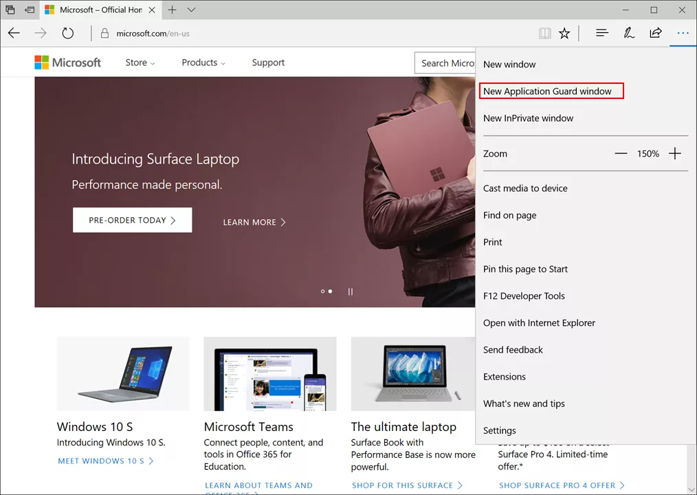 New Application Guard window in Microsoft Edge menu