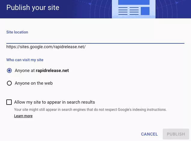 Google Sites Publish your Site Option