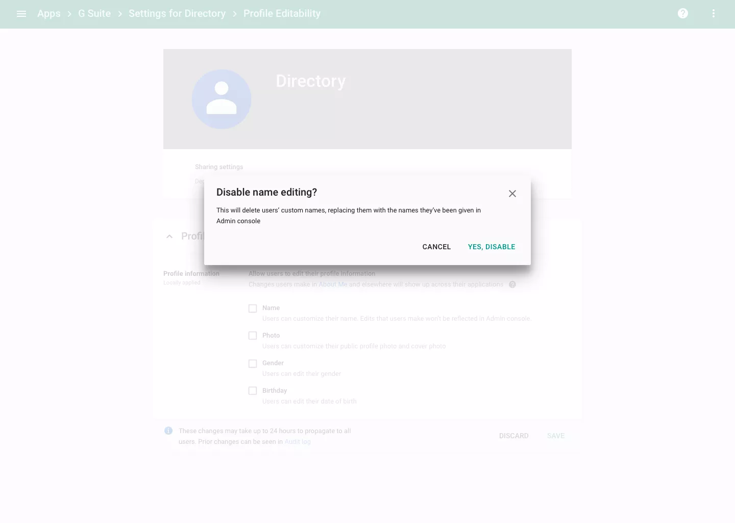 G Suite disable profile editing