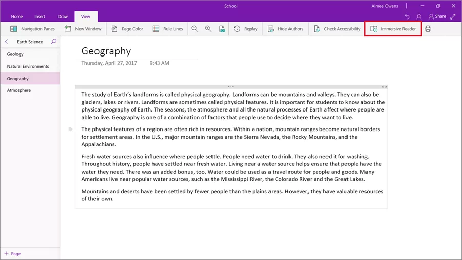 Immersive Reader in OneNote Windows 10 app