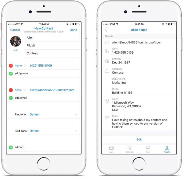 Add, Edit contacts from Outlook on iOS and Android