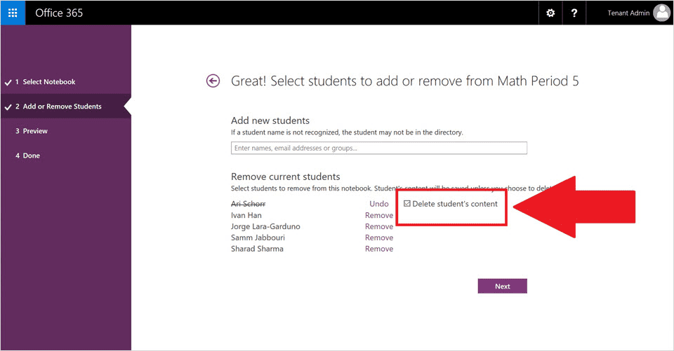 Class Notebook: Delete student content