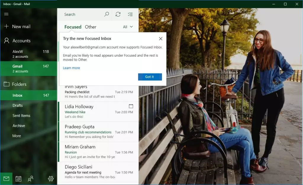 Focsed Inbox in Gmail accounts in Windows 10 Insiders